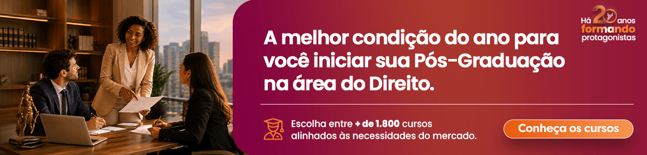 Banner promocional de aniversário de 20 anos da Faculdade Unyleya para os cursos de direito.