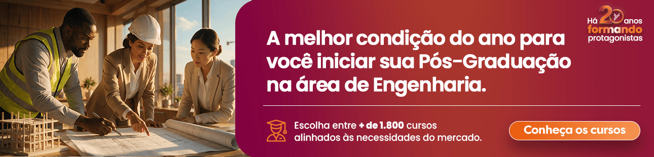 Banner promocional de aniversário de 20 anos da Faculdade Unyleya para os cursos de engenharia.
