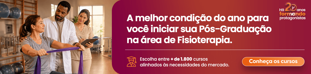 Banner promocional de aniversário de 20 anos da Faculdade Unyleya para os cursos de fisioterapia.