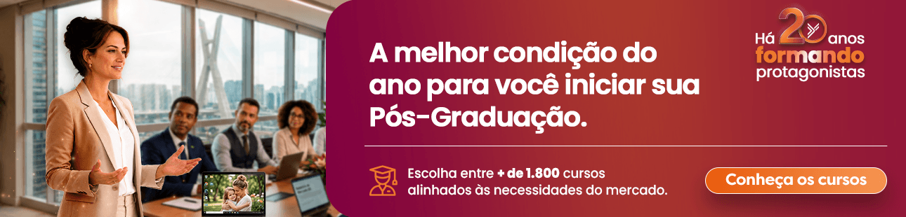 Banner promocional de aniversário de 20 anos da Faculdade Unyleya com o texto "a melhor condição do ano para você iniciar sua pós-graduação".