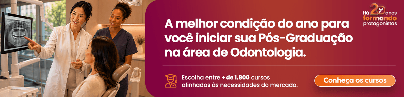 Banner promocional de aniversário de 20 anos da Faculdade Unyleya para os cursos de odontologia.